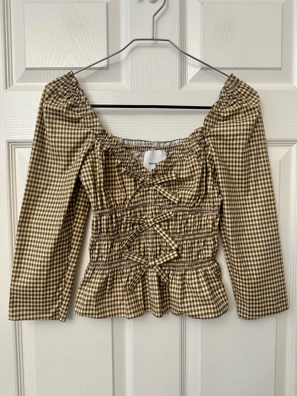 Reformation Beige Gingham Peplum Puff Sleeve Blouse - Picture 3 of 9